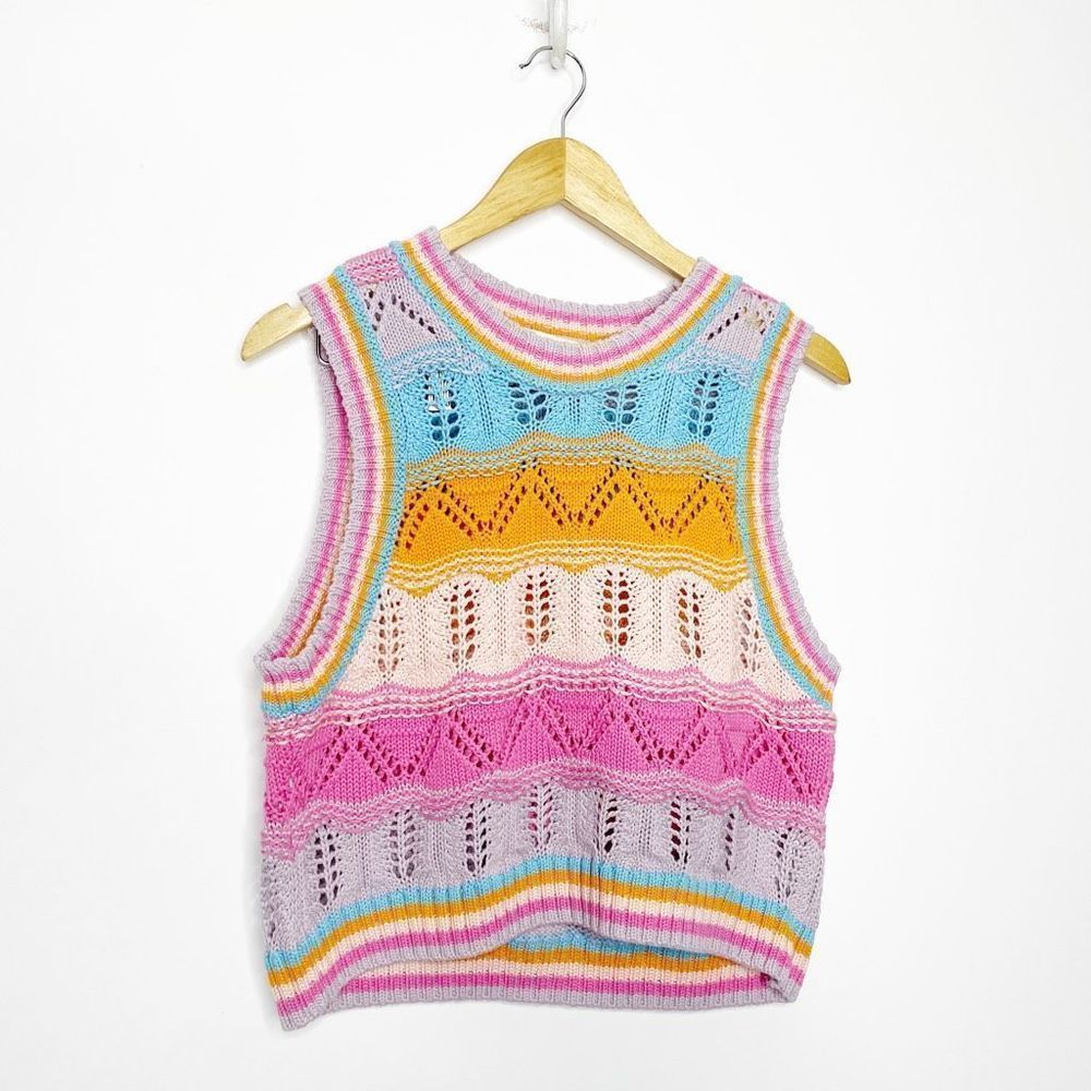 Zara multicolor crochet knit sweater vest sleeveless v neck acrylic WOMENS M
